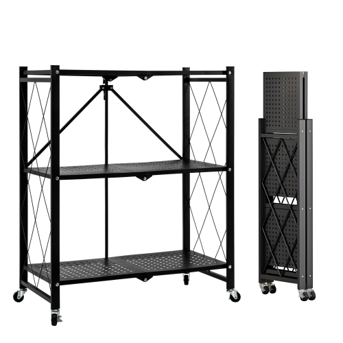 ECOZZONE 3-Tier Rolling Utility Cart, Foldable Storage Shelf with Wheels, No Assembly, Black.
