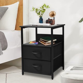 ECOZZONE Nightstand with Open Shelf and Fabric-Drawers,Bedside Table for Bedroom.(Black)