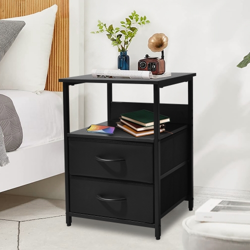 ECOZZONE Nightstand with Open Shelf and Fabric-Drawers,Bedside Table for Bedroom.(Black)