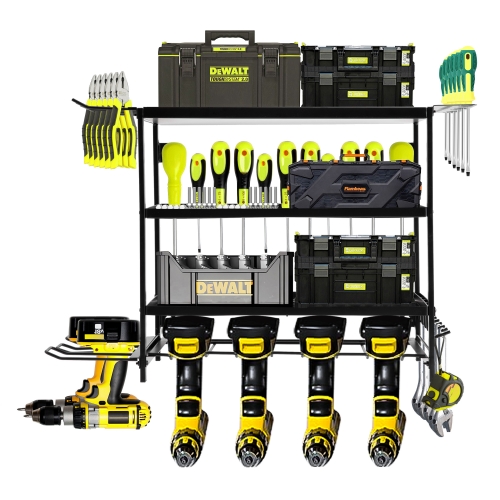 ECOZZONE Heavy Duty Garage Tool Organizer 4 Tiers with 5 Drill Bit Holders, Wall Mounted, 150 lbs Capacity