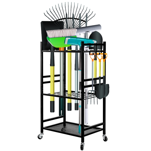 ECOZZONE Garden Tool Organizer Rack with Locking Wheel，Heavy-Duty Storage for Garage & Yard Tools
