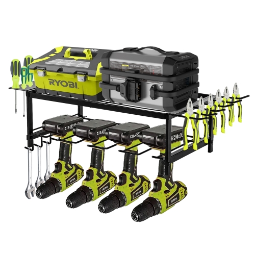 ECOZZONE 2-Tier Tool Organizer Wall Mount With 5 Drill Holders,100LB Capacity.For garage and shop utility racks.