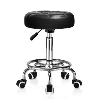 ECOZZONE Rolling Stool with Footrest PU Leather Height Adjustable for Home Salon Shop (Black)