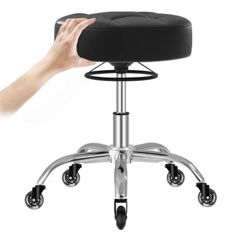 ECOZZONE PU Leather Rolling Stool with 360° Swivel Height Adjustment for Office Spa Salon Shop (Black)