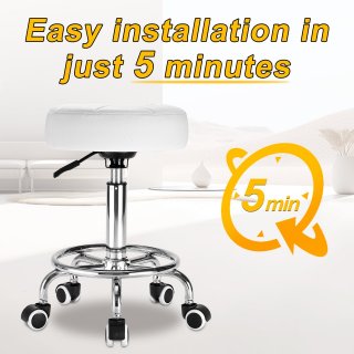 ECOZZONE Rolling Stool with Footrest PU Leather Height Adjustable for Home Salon Shop (White)