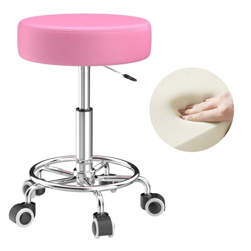 ECOZZONE Rolling Stool with Footrest PU Leather Height Adjustable for Home Salon Shop (Pink)