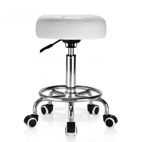 ECOZZONE Rolling Stool with Footrest PU Leather Height Adjustable for Home Salon Shop (White)