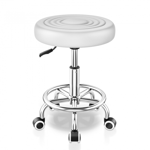 ECOZZONE Rolling Stool with Footrest PU Leather Height Adjustable for Home Salon Shop (White)