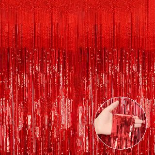 ECOZZONE Red Foil Fringe Curtain - 3.3'x9.8' (1PC), Shiny Holistic Party Decor for Wall/Door