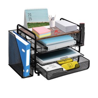 ECOZZONE Desk Organizer,Metal 4-Tier Desktop File Organizer with Drawer and Pen Holder,Office Supplies