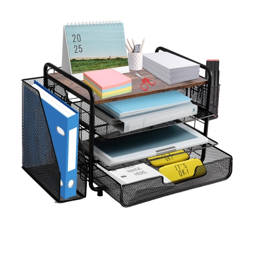 ECOZZONE Desk Organizer,Metal 4-Tier Desktop File Organizer with Drawer and Pen Holder,Office Supplies