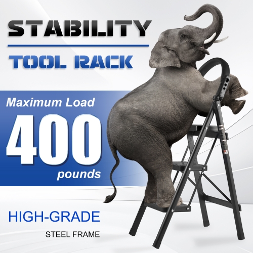 ECOZZONE Step Ladders, Adult 3 Step Folding Ladder with Padded Handrail, Metal Portable Ladder, Black