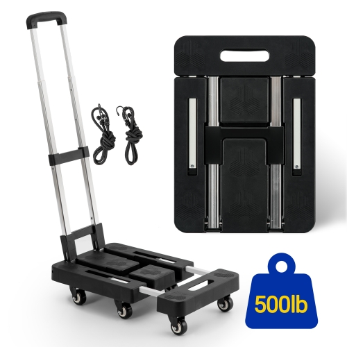 ECOZZONE Folding Hand Truck,500LB Heavy Duty Luggage Cart.Travel, Moving, Shopping, Office Use, Black